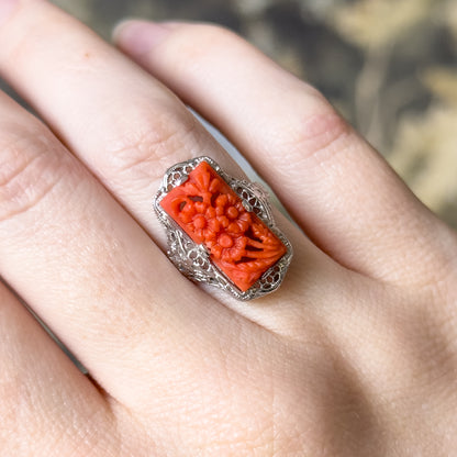 Art Deco Carved Coral Flower Filigree Ring in 14K White Gold