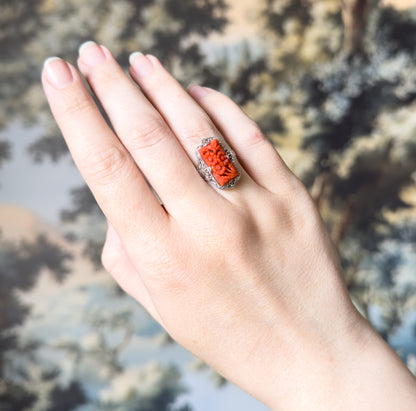 Art Deco Carved Coral Flower Filigree Ring in 14K White Gold
