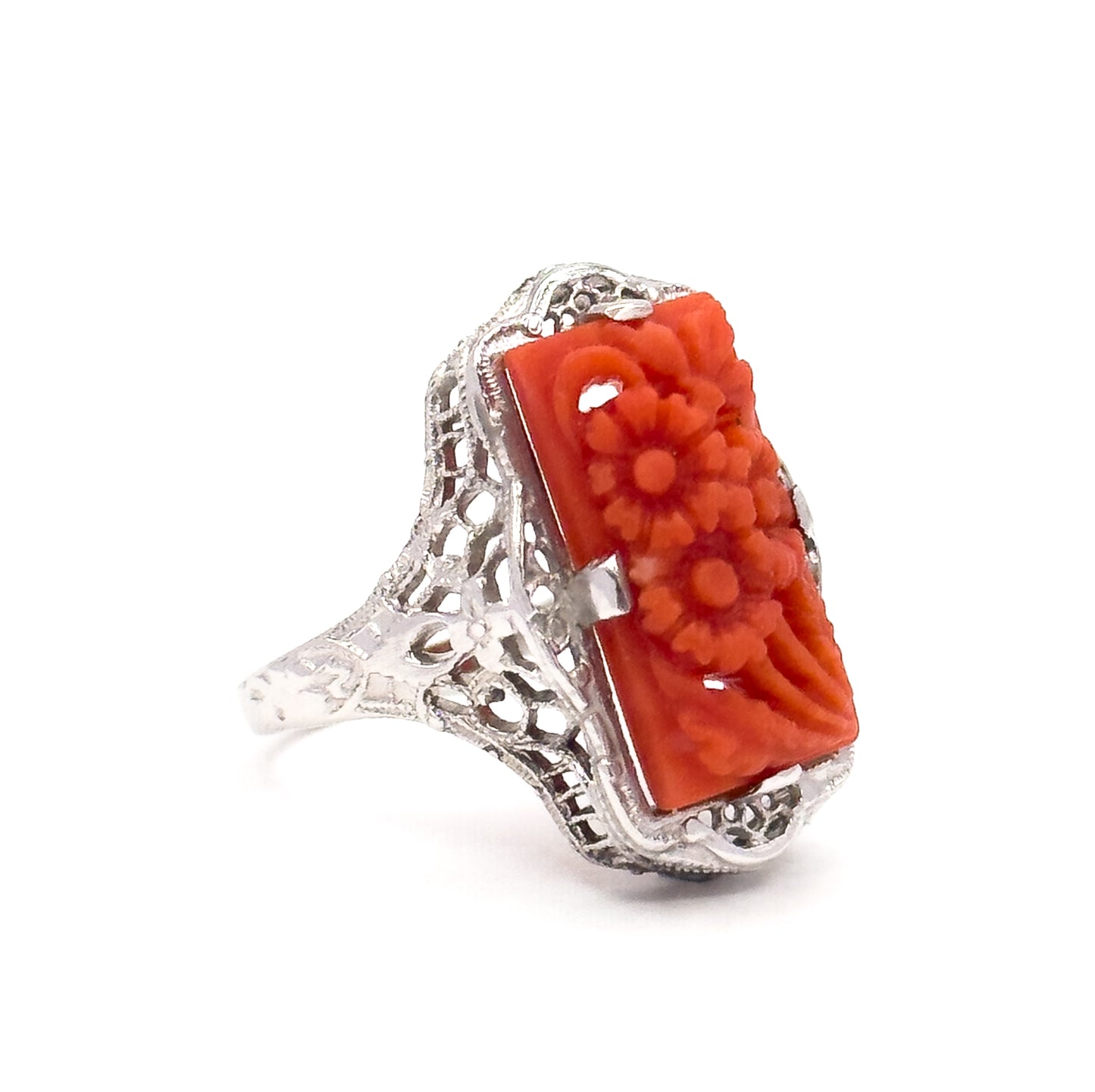 Art Deco Carved Coral Flower Filigree Ring in 14K White Gold