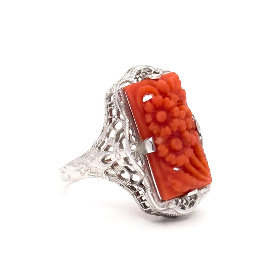 Art Deco Carved Coral Flower Filigree Ring in 14K White Gold