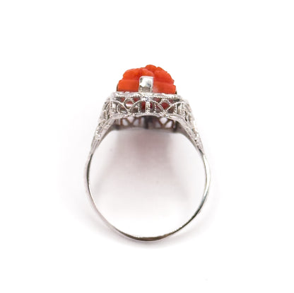 Art Deco Carved Coral Flower Filigree Ring in 14K White Gold