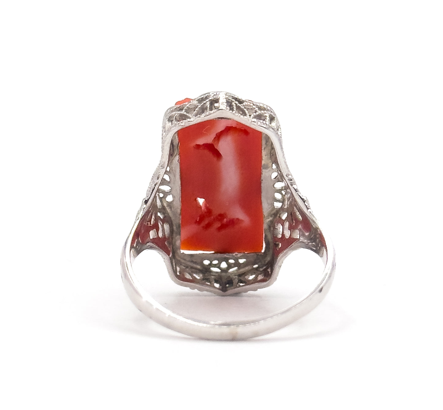 Art Deco Carved Coral Flower Filigree Ring in 14K White Gold