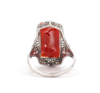 Art Deco Carved Coral Flower Filigree Ring in 14K White Gold