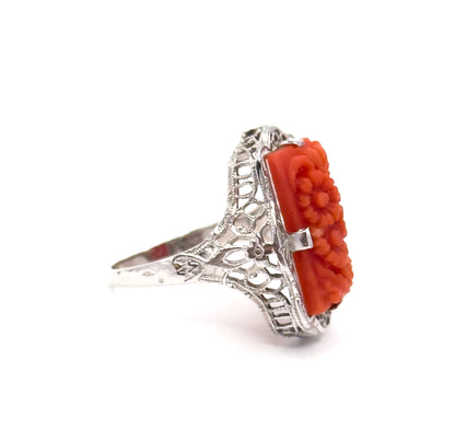 Art Deco Carved Coral Flower Filigree Ring in 14K White Gold