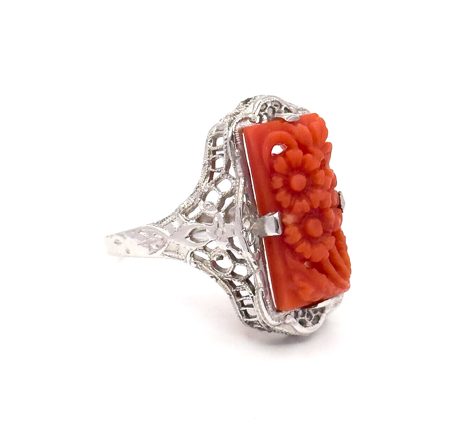 Art Deco Carved Coral Flower Filigree Ring in 14K White Gold