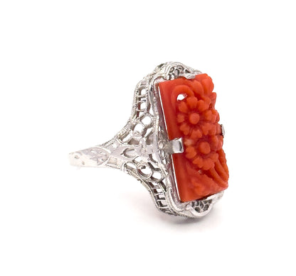 Art Deco Carved Coral Flower Filigree Ring in 14K White Gold