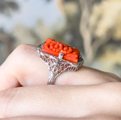 Art Deco Carved Coral Flower Filigree Ring in 14K White Gold