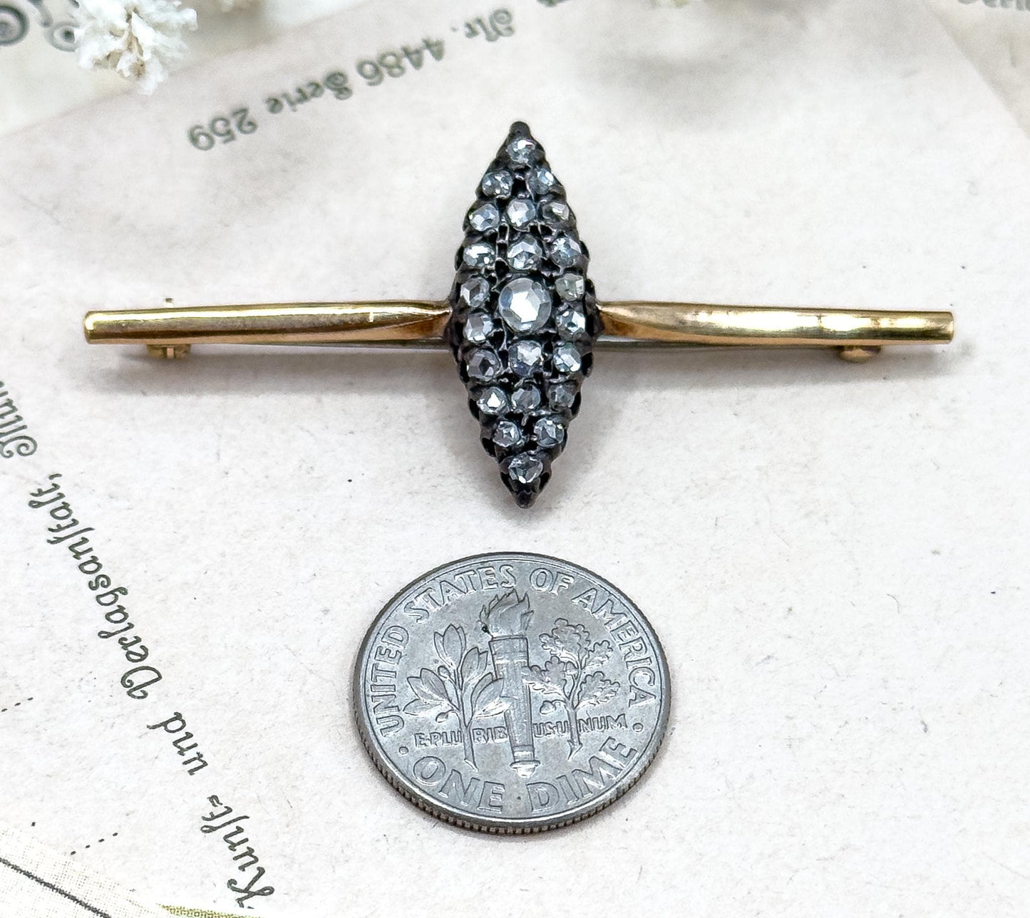 Victorian Rose Cut Diamond Navette Pin Conversion Cobblestone  Bar Pin