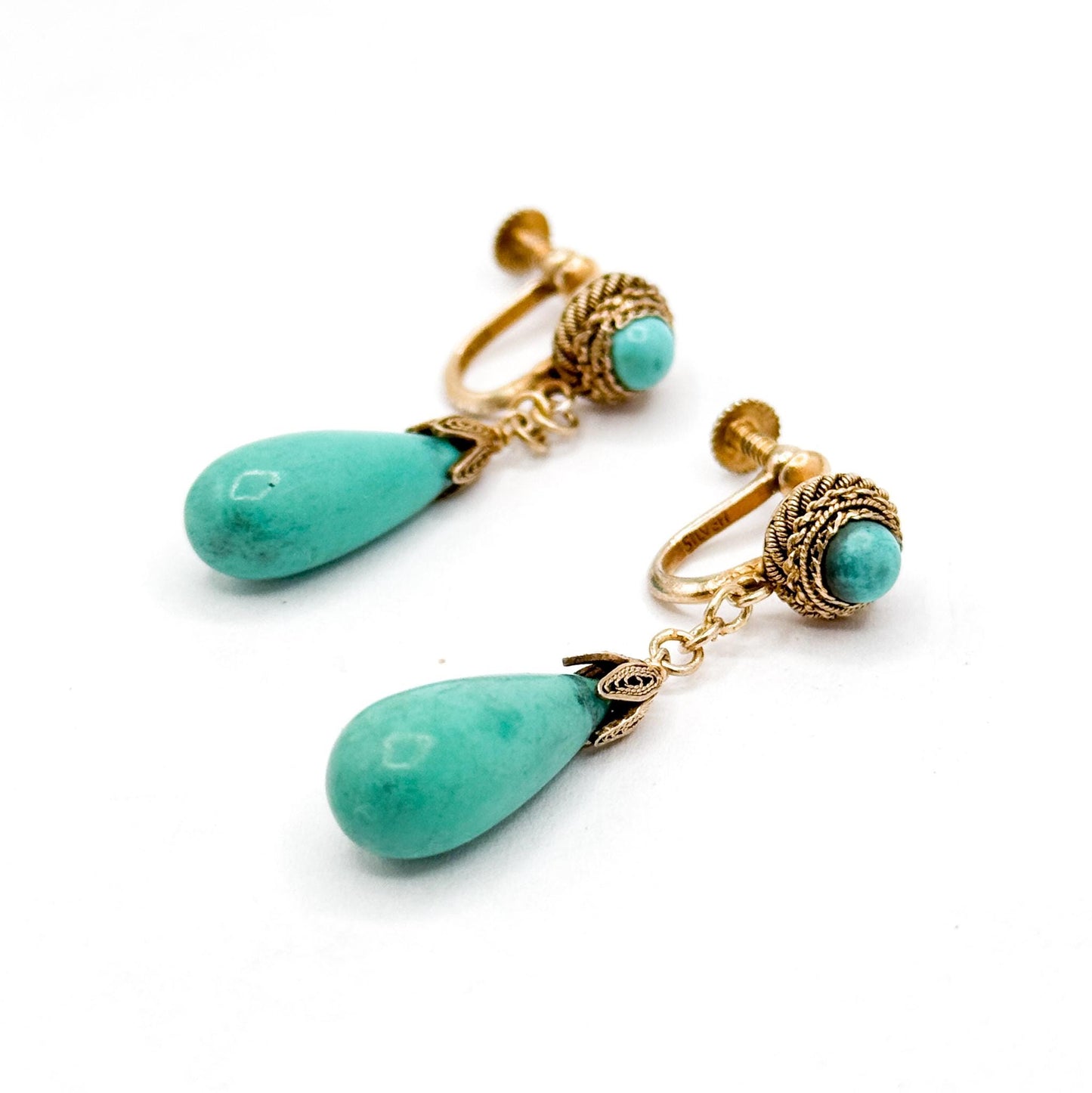 Antique Vermeil Silver Turquoise Stone Drop Earrings - Cannetille Filigree