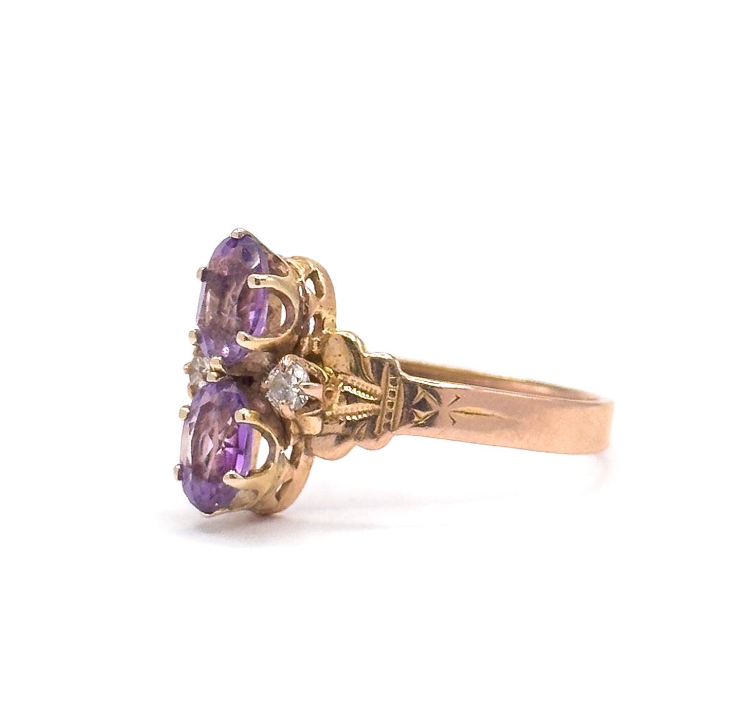 Antique Amethyst & Diamond Moi et Toi Ring in 14K Rose Gold