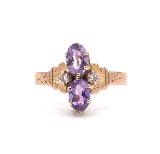 Antique Amethyst & Diamond Moi et Toi Ring in 14K Rose Gold