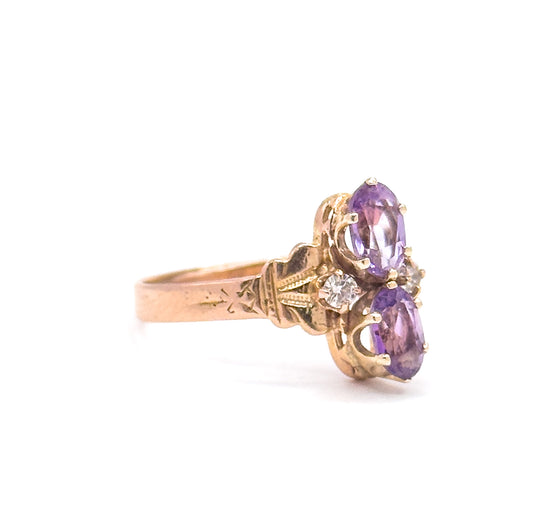 Antique Amethyst & Diamond Moi et Toi Ring in 14K Rose Gold