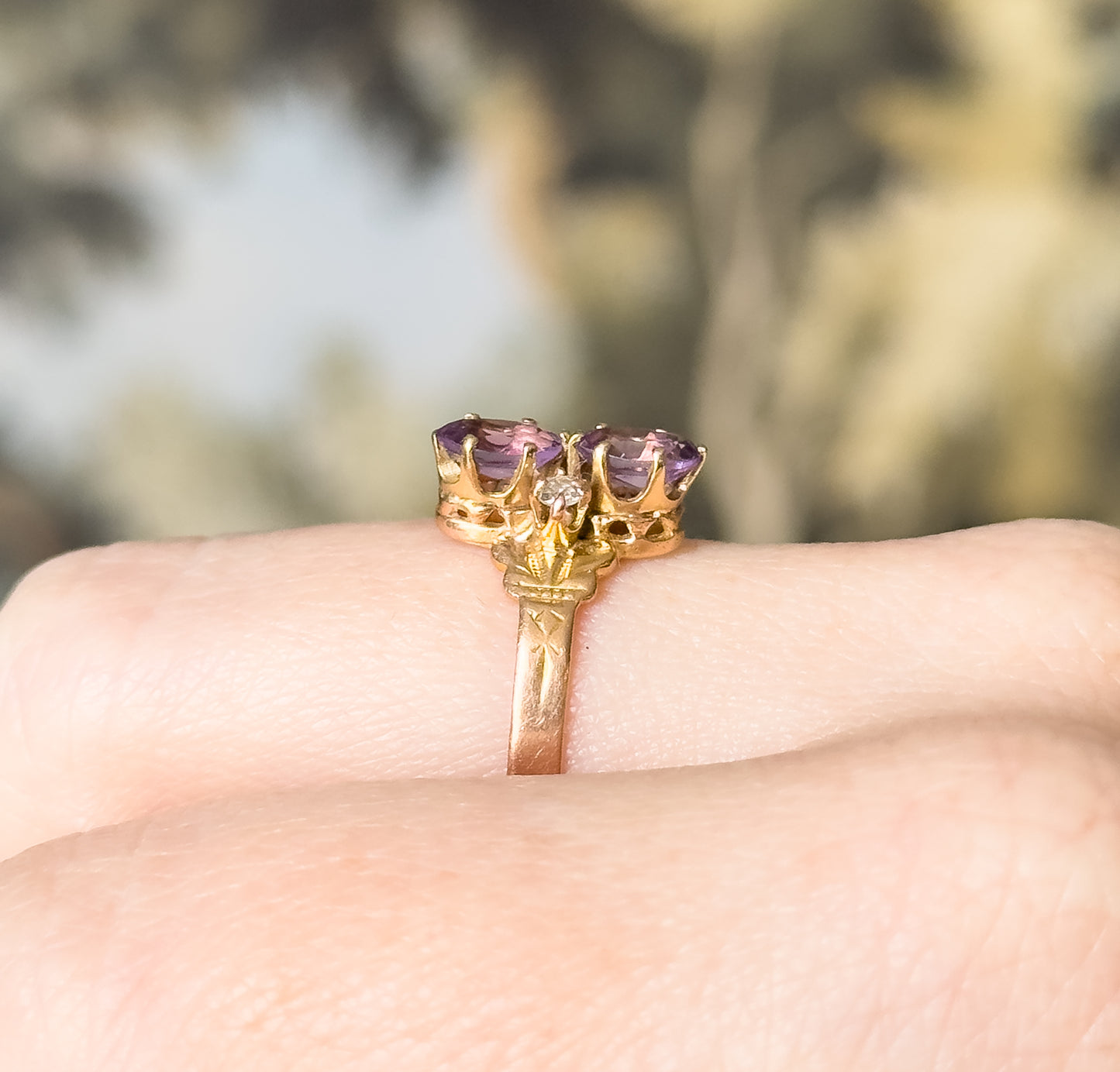 Antique Amethyst & Diamond Moi et Toi Ring in 14K Rose Gold
