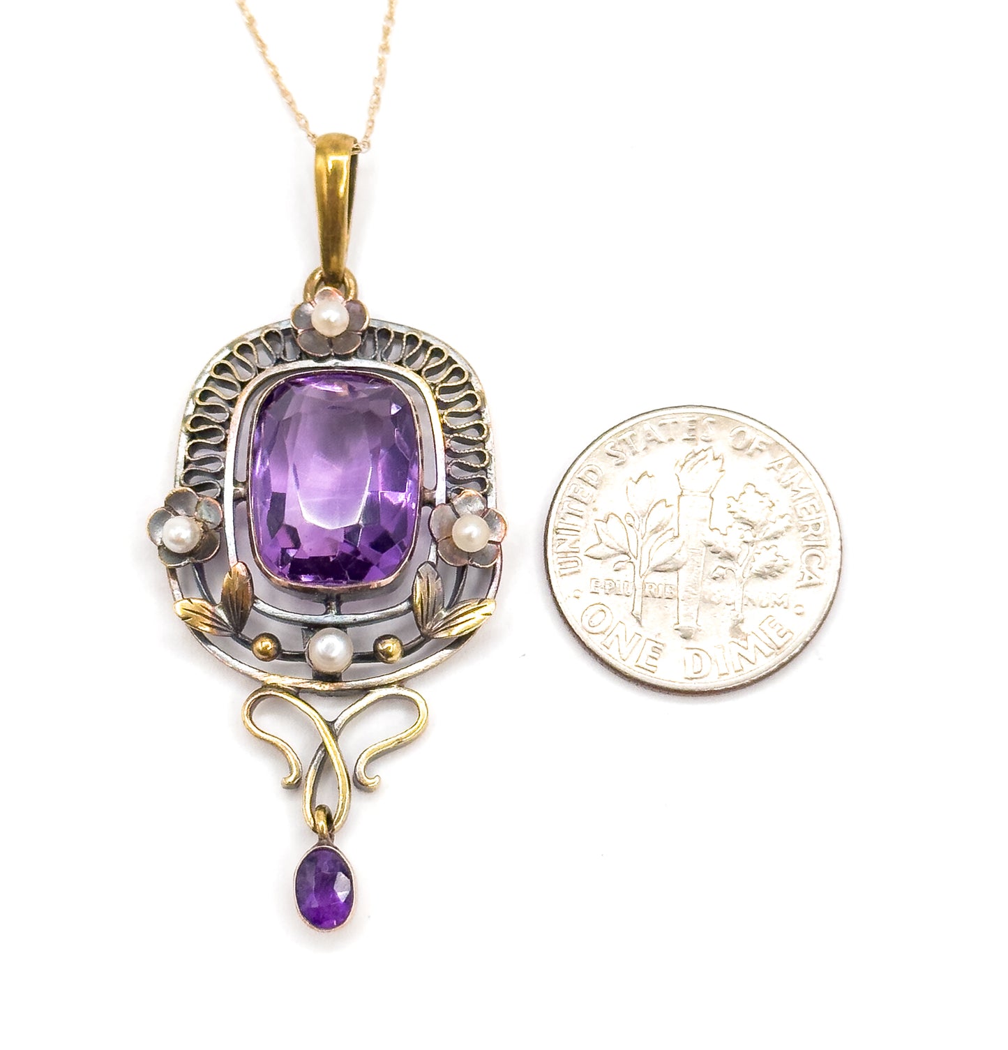 Art Nouveau Amethyst & Seed Pearl Necklace in 14K Yellow Gold