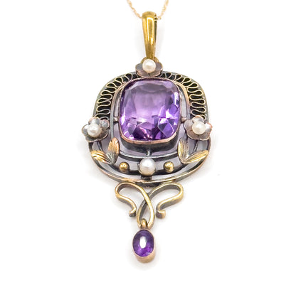 Art Nouveau Amethyst & Seed Pearl Necklace in 14K Yellow Gold