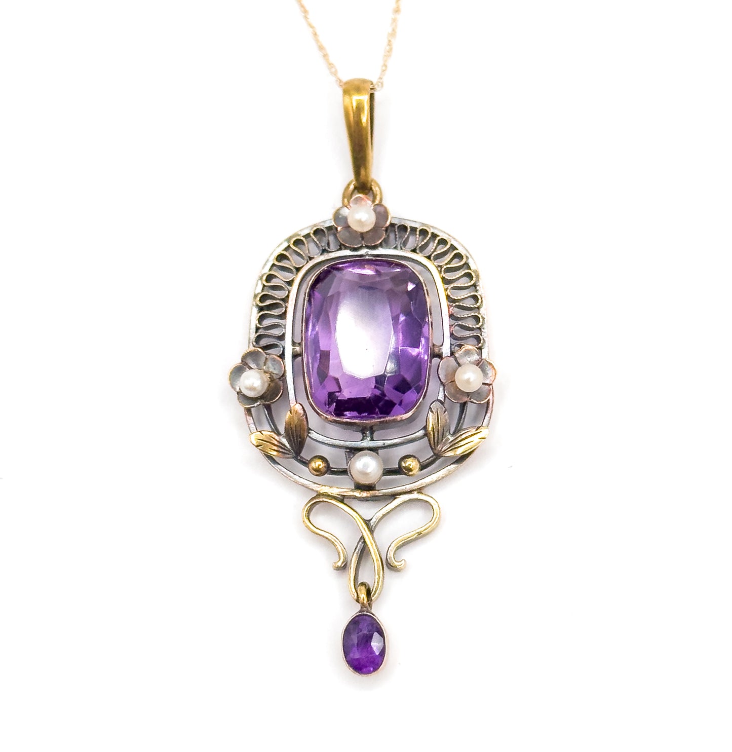 Art Nouveau Amethyst & Seed Pearl Necklace in 14K Yellow Gold