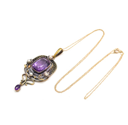 Art Nouveau Amethyst & Seed Pearl Necklace in 14K Yellow Gold