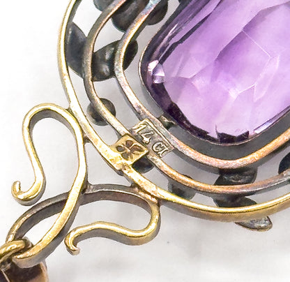 Art Nouveau Amethyst & Seed Pearl Necklace in 14K Yellow Gold