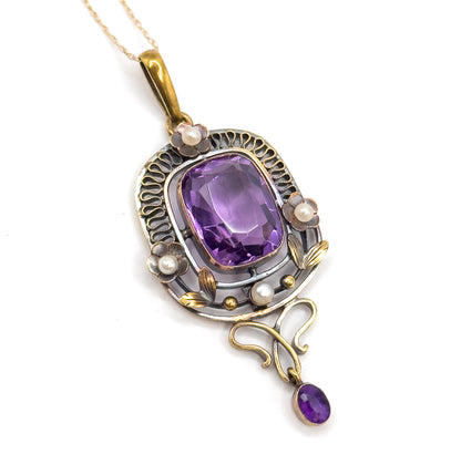 Art Nouveau Amethyst & Seed Pearl Necklace in 14K Yellow Gold