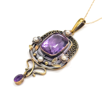 Art Nouveau Amethyst & Seed Pearl Necklace in 14K Yellow Gold