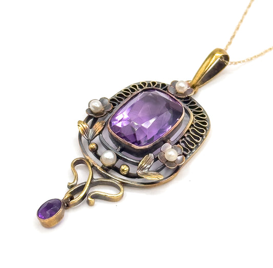 Art Nouveau Amethyst & Seed Pearl Necklace in 14K Yellow Gold