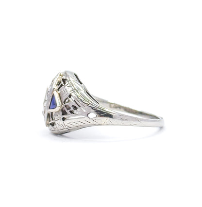 Art Deco Diamond & Synthetic Sapphire Filigree Ring in White gold