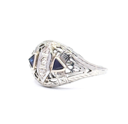 Art Deco Diamond & Synthetic Sapphire Filigree Ring in White gold