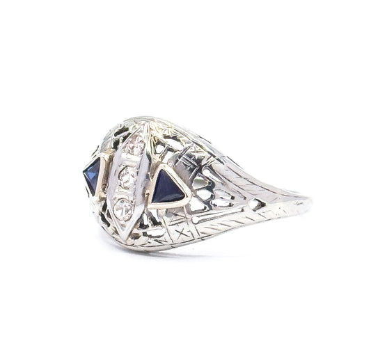 Art Deco Diamond & Synthetic Sapphire Filigree Ring in White gold