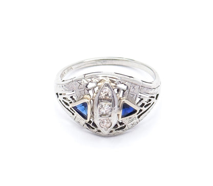 Art Deco Diamond & Synthetic Sapphire Filigree Ring in White gold