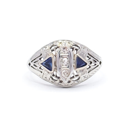 Art Deco Diamond & Synthetic Sapphire Filigree Ring in White gold