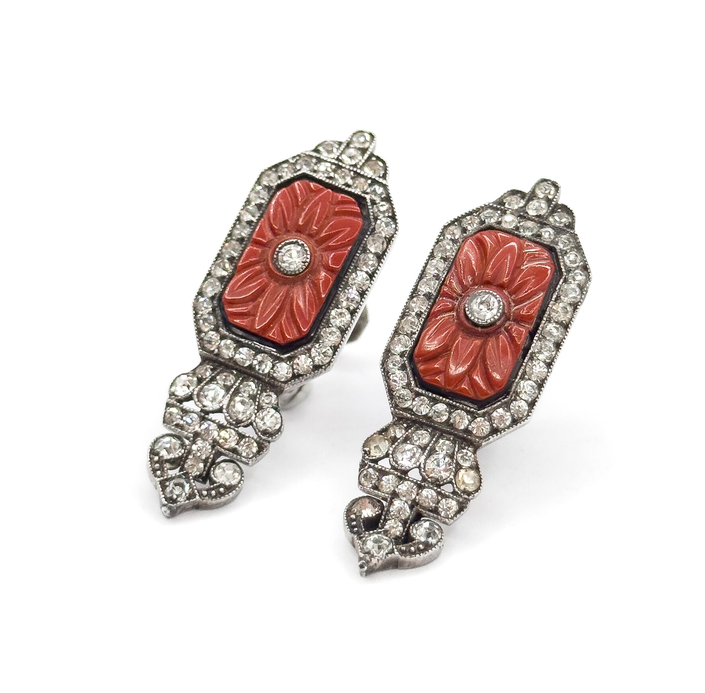Art Deco Paste & Molded Glass Drop Earrings in Sterling Silver