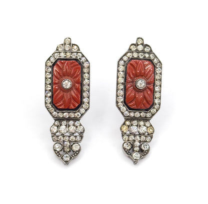 Art Deco Paste & Molded Glass Drop Earrings in Sterling Silver