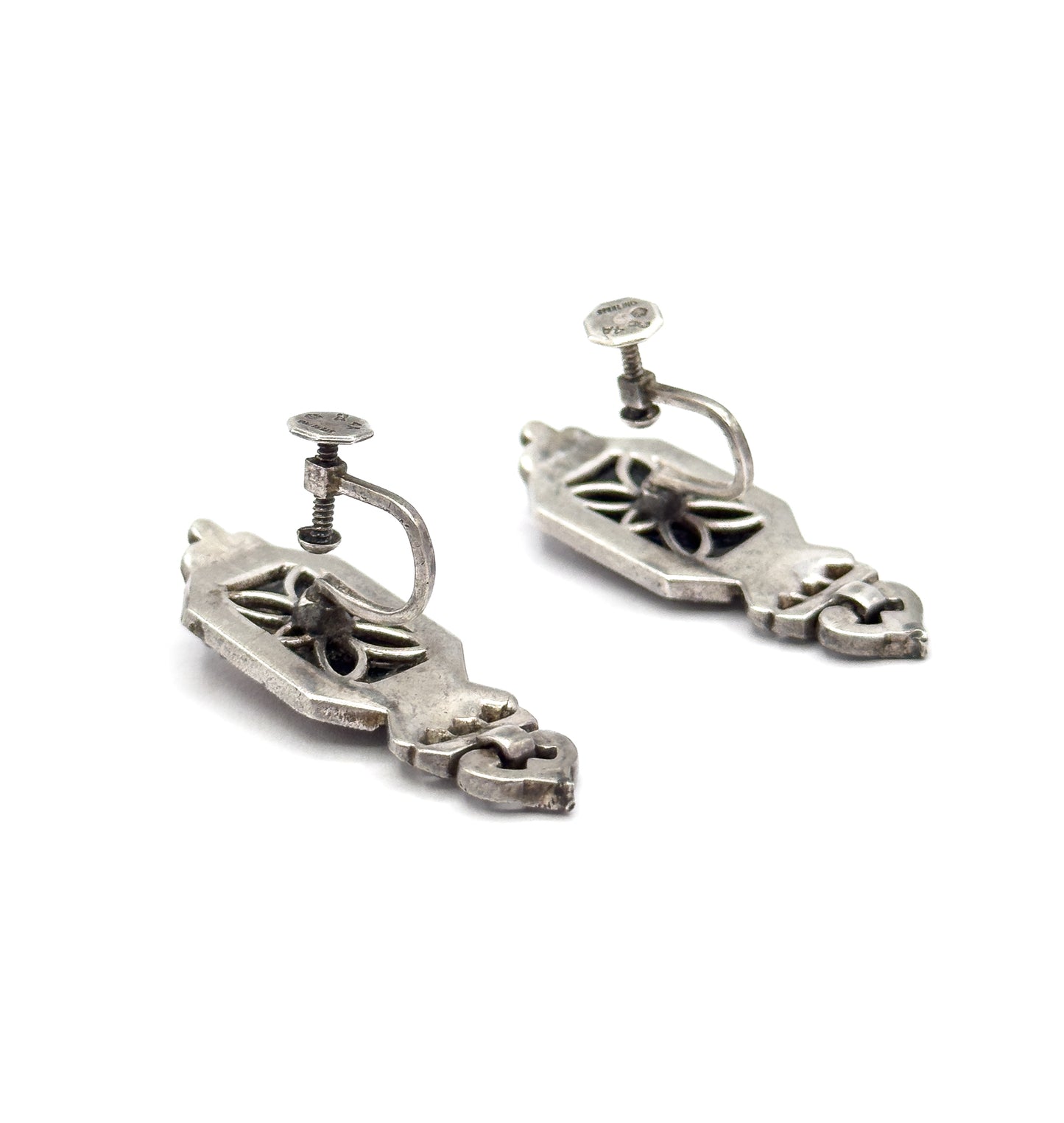 Art Deco Paste & Molded Glass Drop Earrings in Sterling Silver