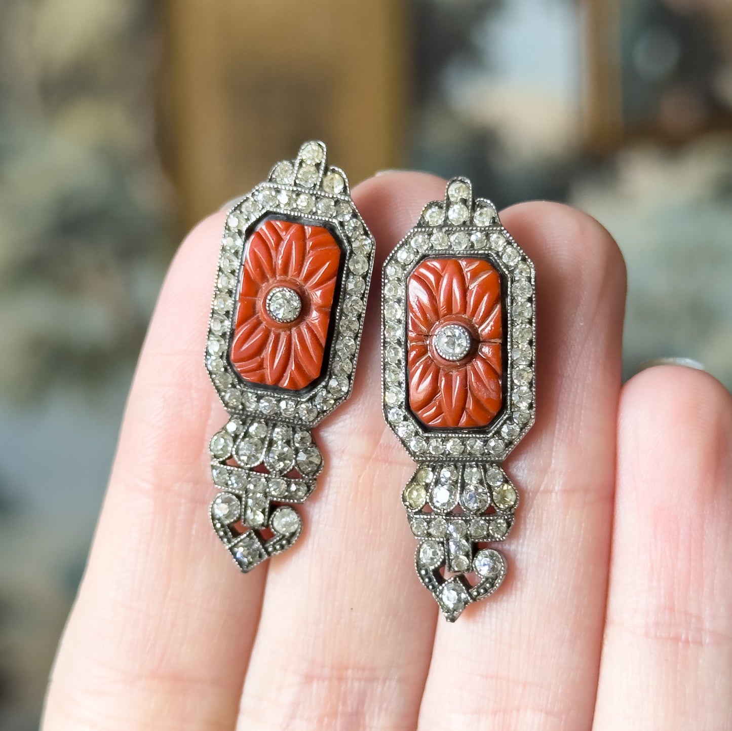 Art Deco Paste & Molded Glass Drop Earrings in Sterling Silver