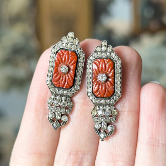 Art Deco Paste & Molded Glass Drop Earrings in Sterling Silver