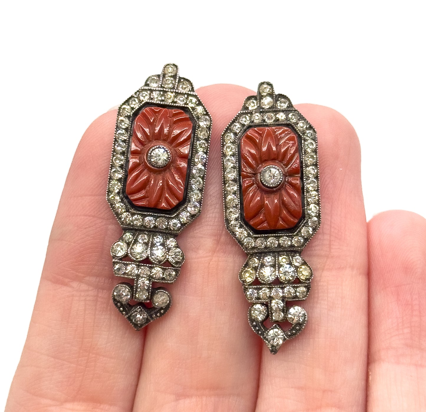 Art Deco Paste & Molded Glass Drop Earrings in Sterling Silver