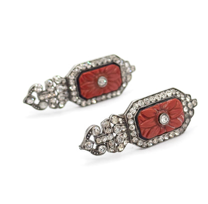 Art Deco Paste & Molded Glass Drop Earrings in Sterling Silver