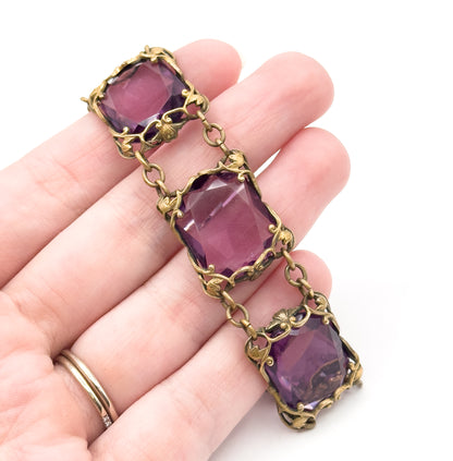 Art Nouveau Purple Paste Floral Bracelet in Base Metal