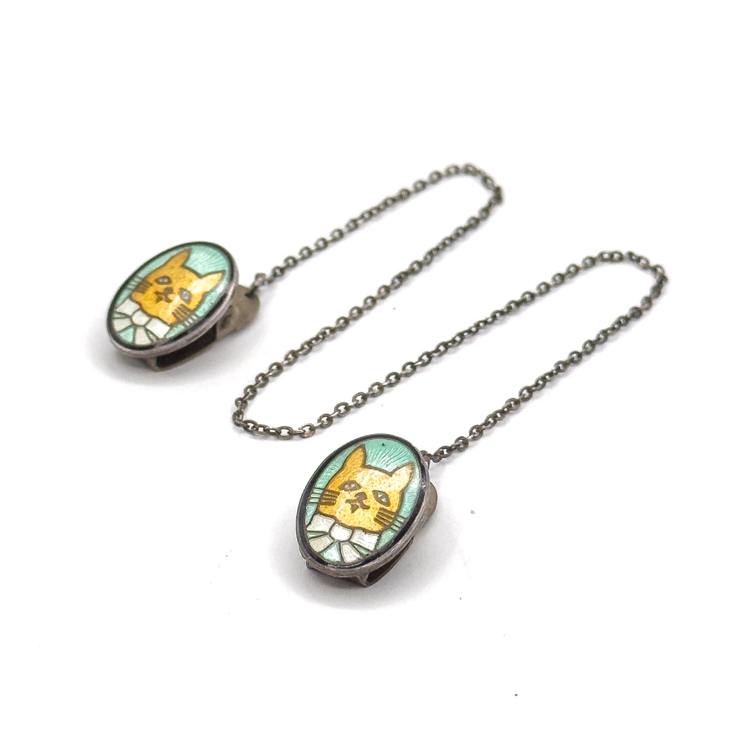 Mid-Century Enamel Cat Bib Clips in Sterling Silver