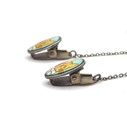 Mid-Century Enamel Cat Bib Clips in Sterling Silver