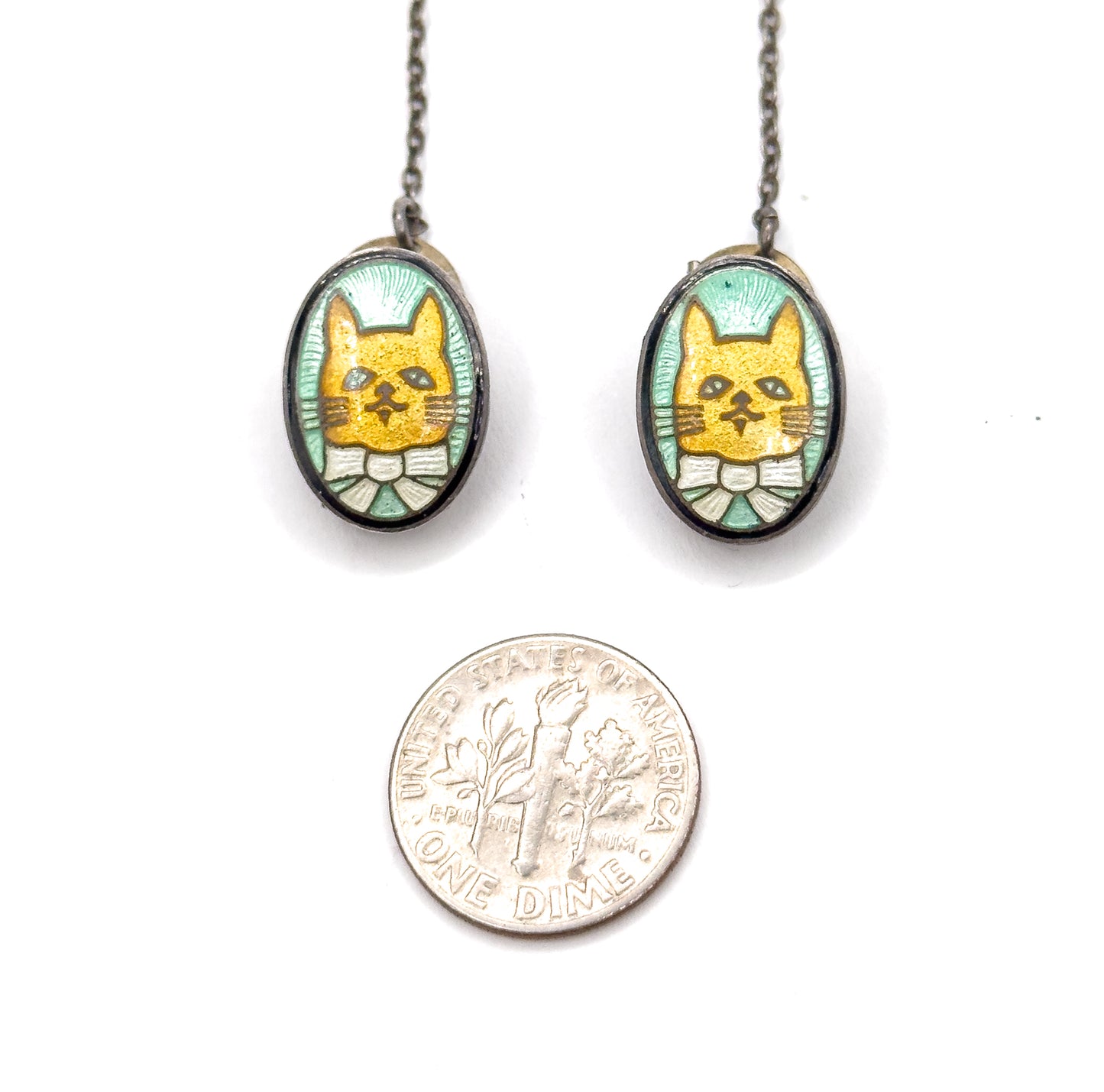 Mid-Century Enamel Cat Bib Clips in Sterling Silver