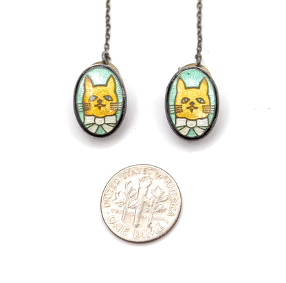 Mid-Century Enamel Cat Bib Clips in Sterling Silver