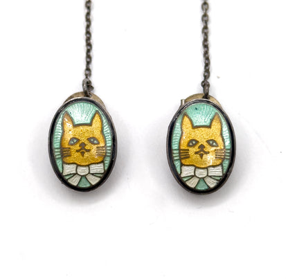 Mid-Century Enamel Cat Bib Clips in Sterling Silver