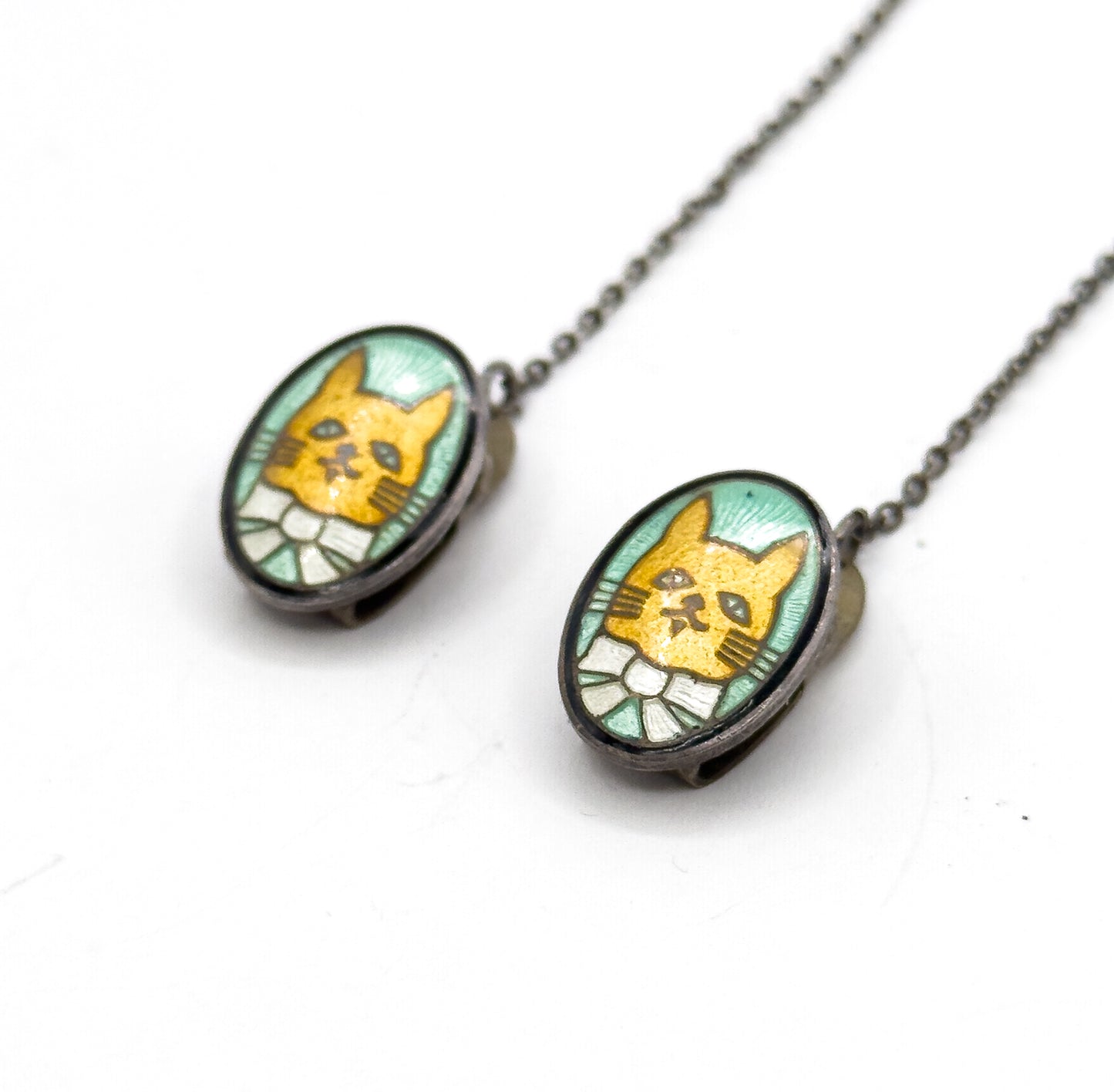 Mid-Century Enamel Cat Bib Clips in Sterling Silver