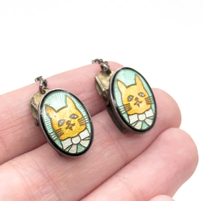 Mid-Century Enamel Cat Bib Clips in Sterling Silver