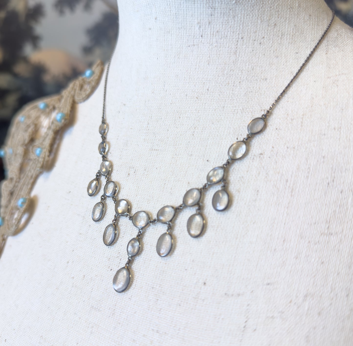 Antique Moonstone Cabochon Festoon Necklace in Silver