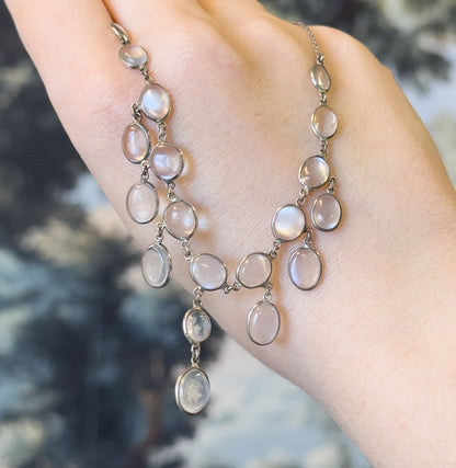 Antique Moonstone Cabochon Festoon Necklace in Silver