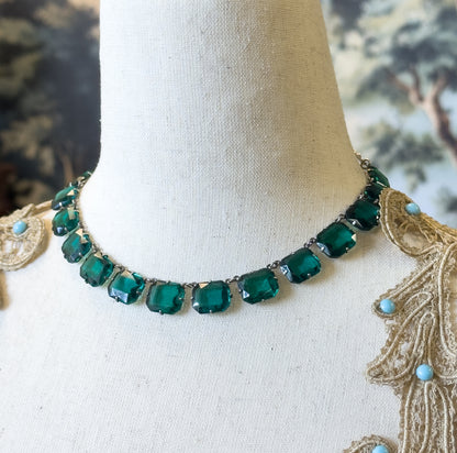 Art Deco Emerald Green Glass Rivière Necklace in Sterling Silver
