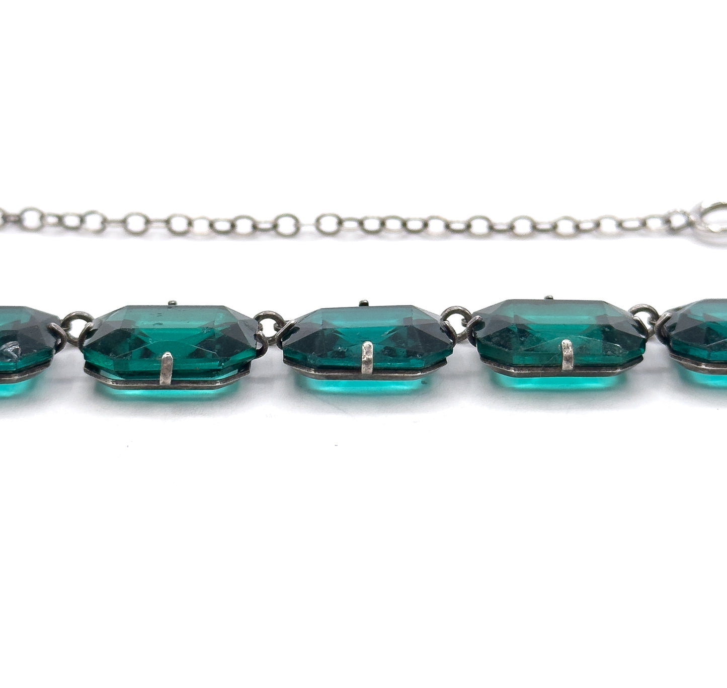 Art Deco Emerald Green Glass Rivière Necklace in Sterling Silver