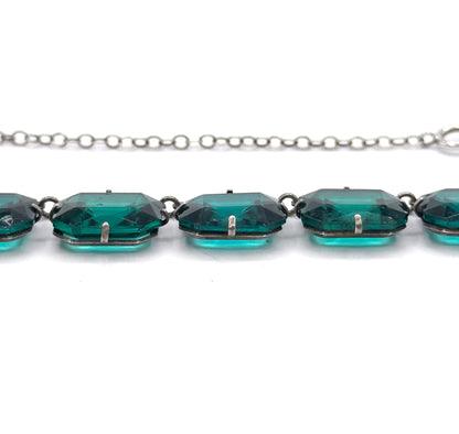 Art Deco Emerald Green Glass Rivière Necklace in Sterling Silver